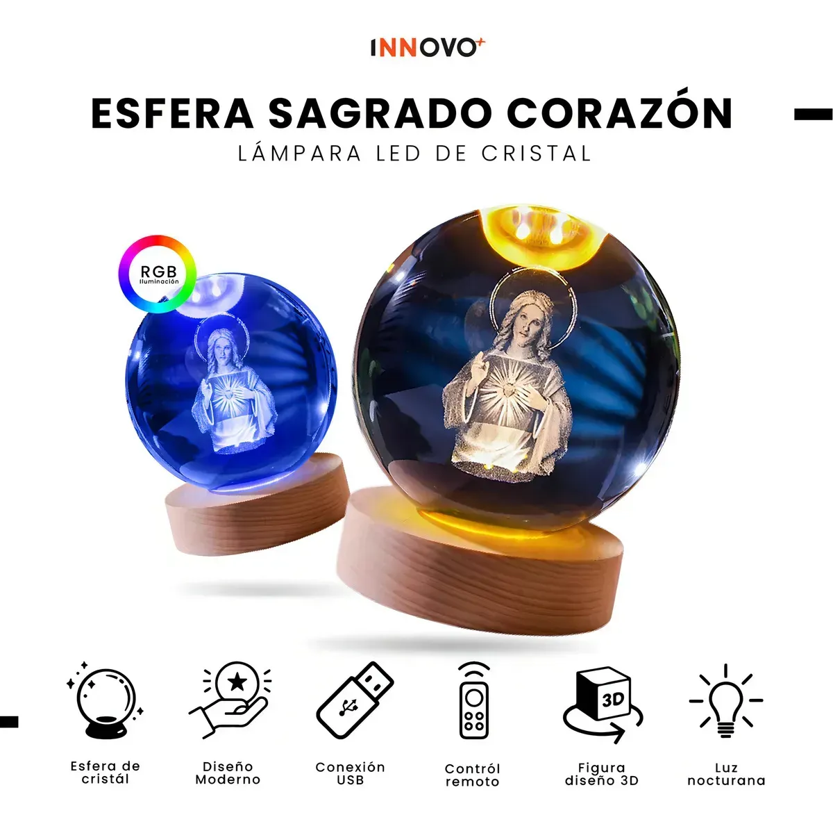 Lámpara Esfera Sagrado Corazón De Jesús Cristal 3d Luz Rgb Con Control Remoto img #6