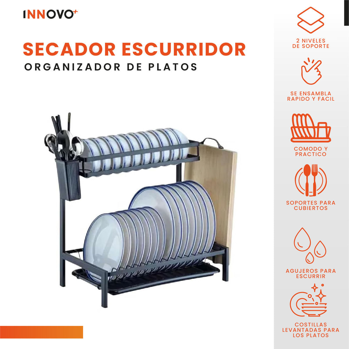 Platero Organizador De Cocina Metalico 2 Niveles Armable Innovo Home Negro img #5