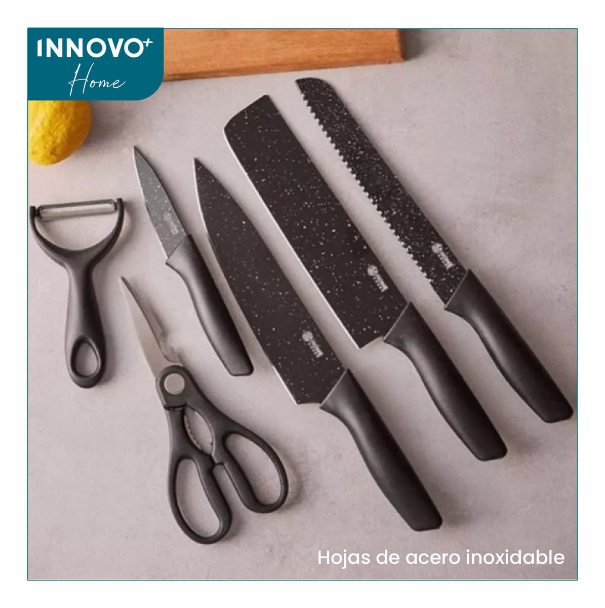 Set De Cuchillos 6 Piezas Kitchen Knife Negro Con Pelador De Papa Innovo Home img #1