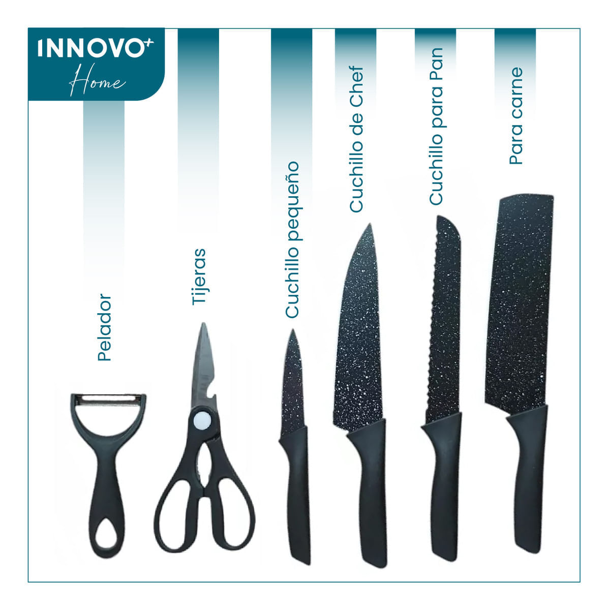 Set De Cuchillos 6 Piezas Kitchen Knife Negro Con Pelador De Papa Innovo Home img #4