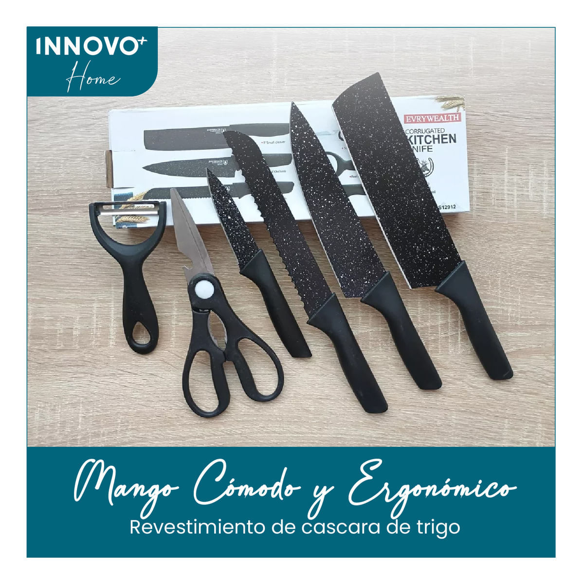 Set De Cuchillos 6 Piezas Kitchen Knife Negro Con Pelador De Papa Innovo Home img #3