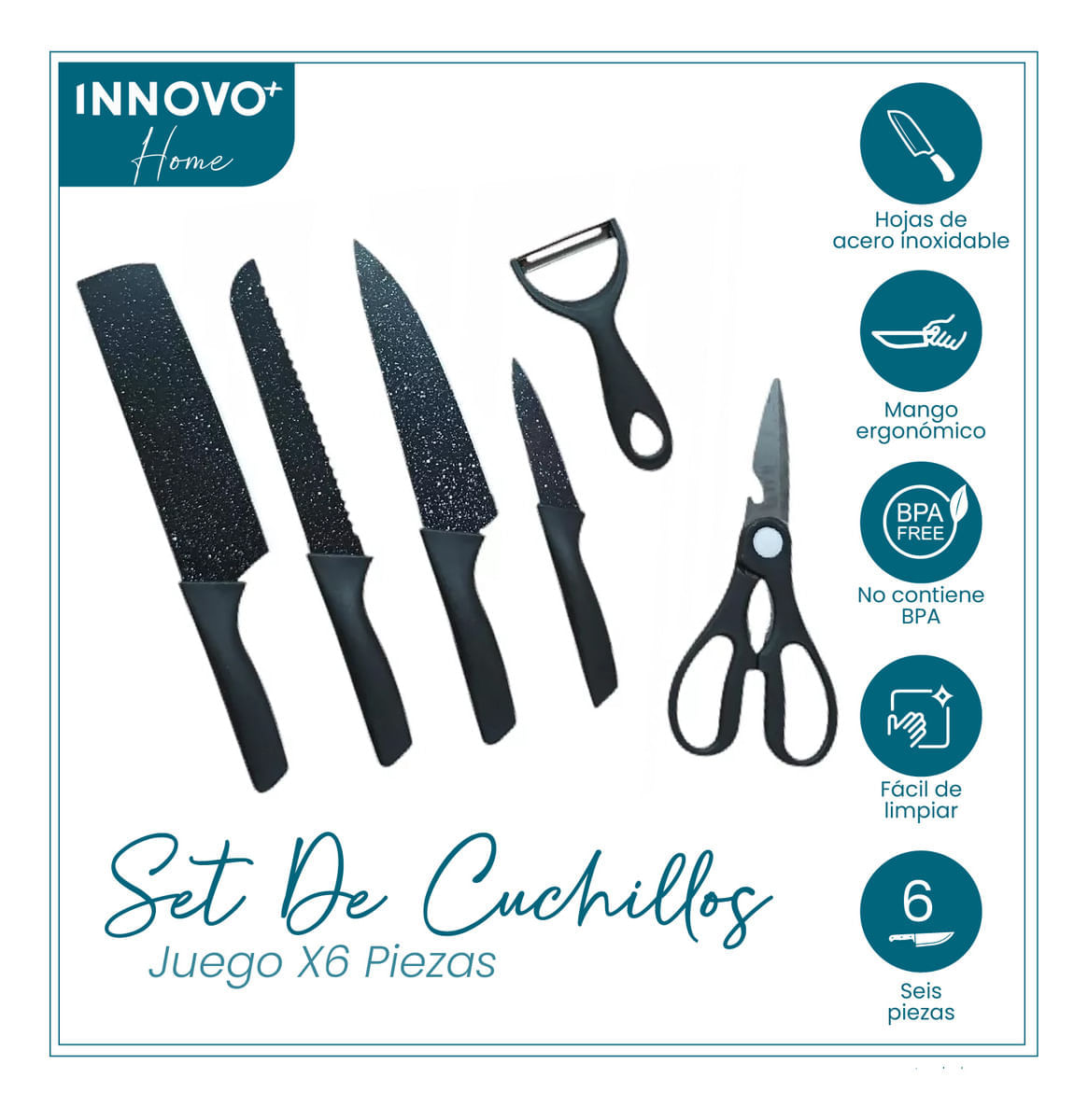 Set De Cuchillos 6 Piezas Kitchen Knife Negro Con Pelador De Papa Innovo Home img #2