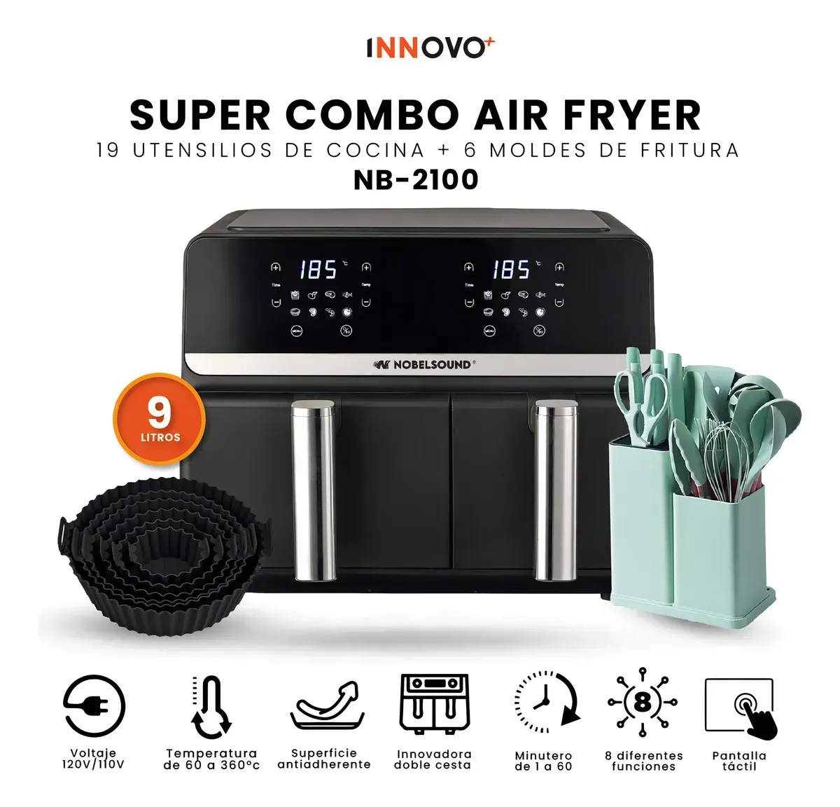Freidora De Aire Nobelsound Air Fryer Doble Bandeja Con Accesorios Y Moldes 9 Litros img #3