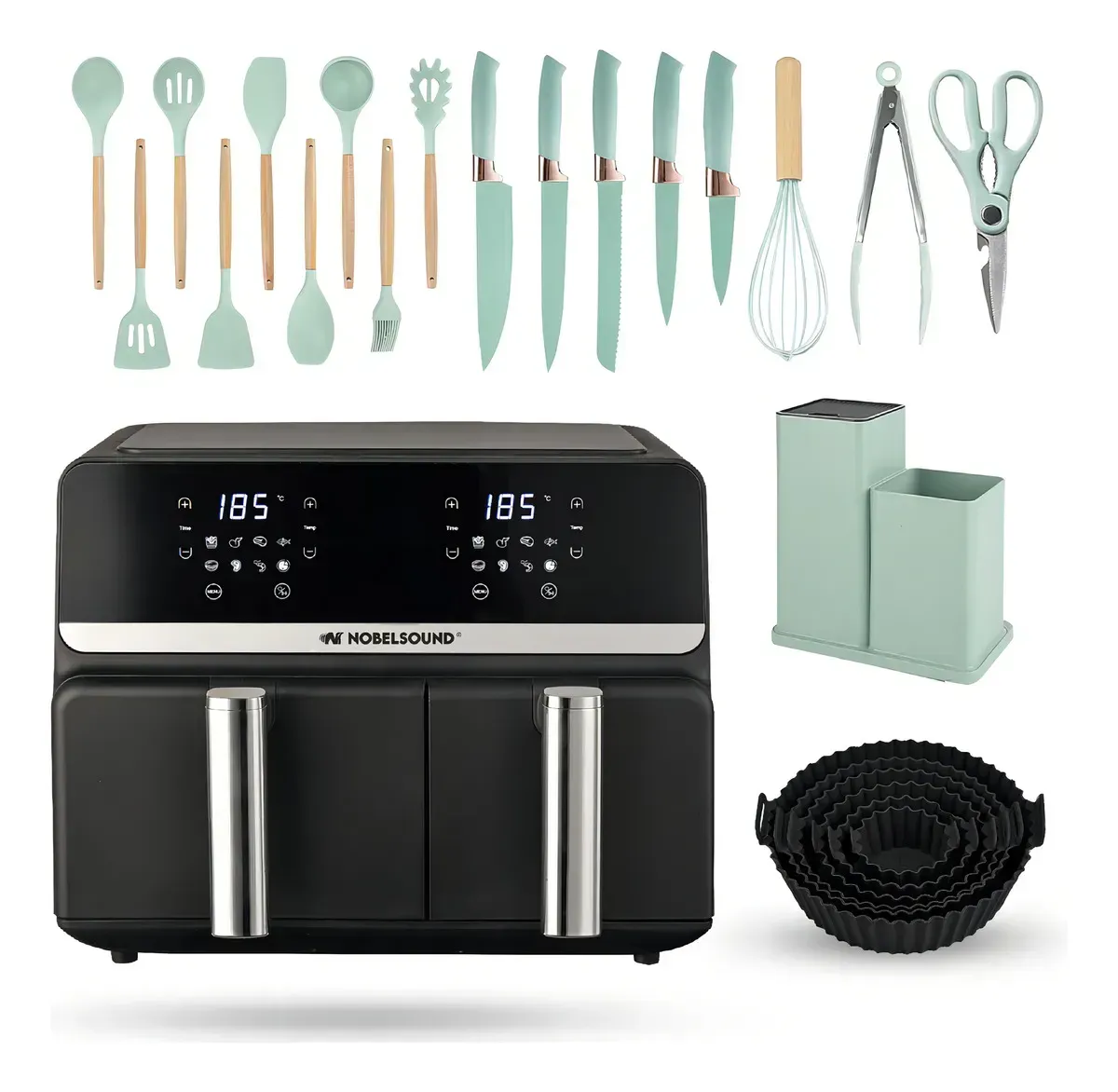 Freidora De Aire Nobelsound Air Fryer Doble Bandeja Con Accesorios Y Moldes 9 Litros img #2