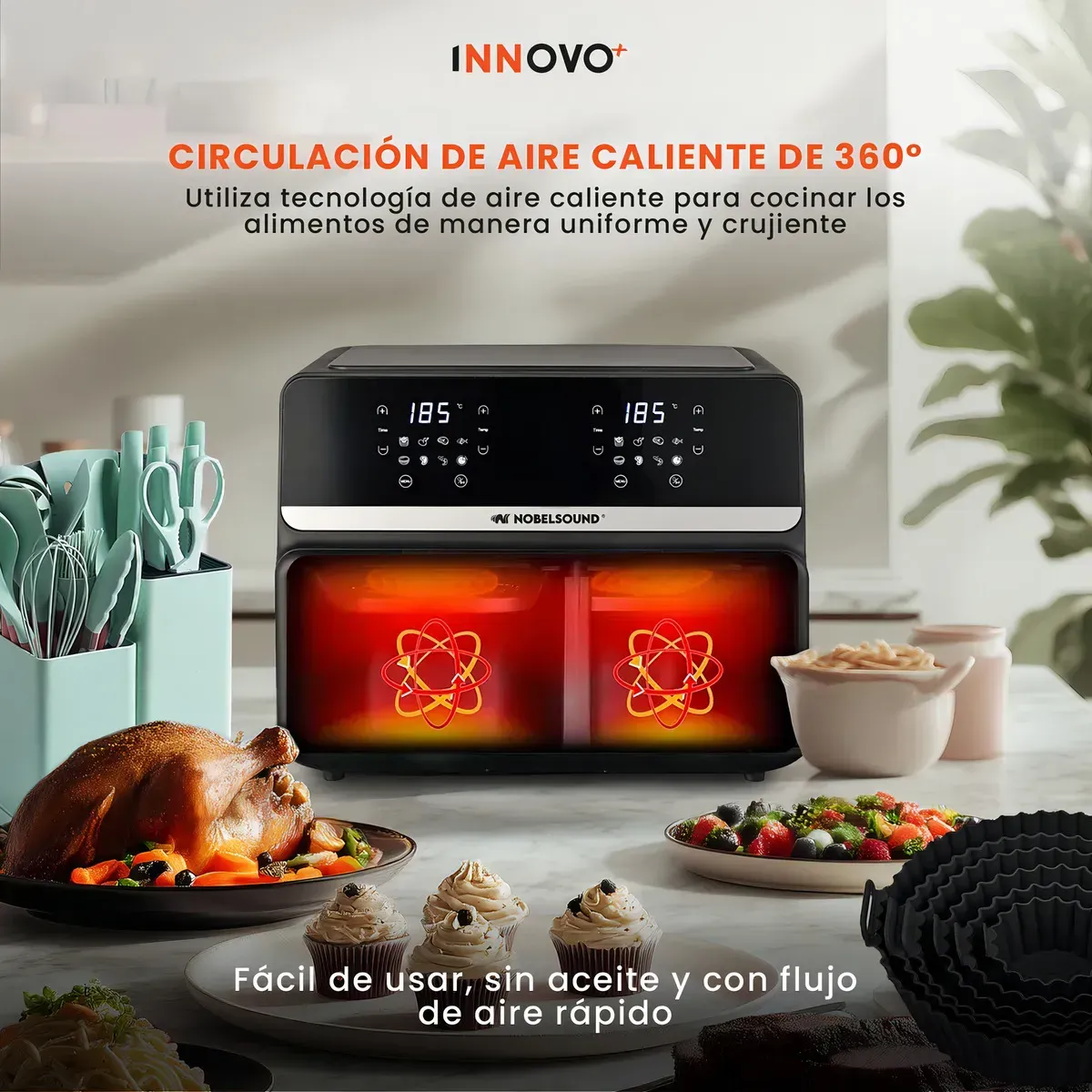 Freidora De Aire Nobelsound Air Fryer Doble Bandeja Con Accesorios Y Moldes 9 Litros img #4