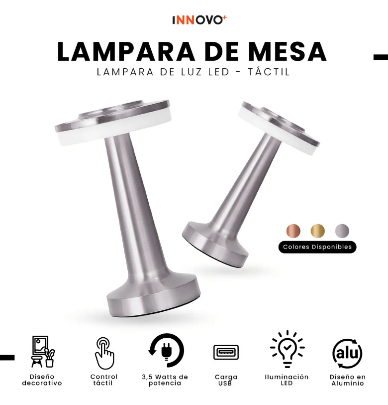 Lámpara De Mesa Led Gris Táctil Recargable USB Aluminio Regulable 3 Niveles img #4