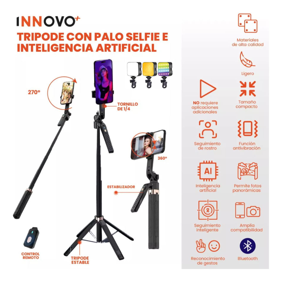Palo Selfie Seguimiento Facial Trípode Todo En 1 Selfie Con Ia Bluetooth Con Panel De Luz Rgb img #2