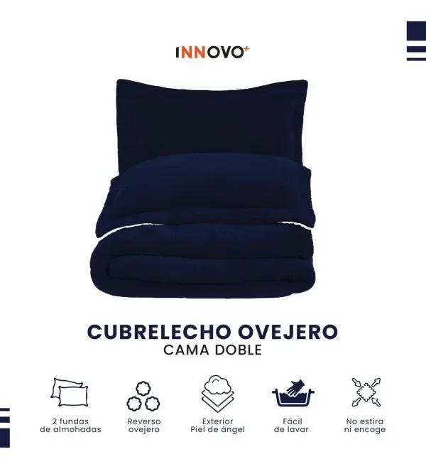 Combo Cubrelecho Térmico Ovejero Doble Funda Azul Oscuro + 2 Almohadas Confort Siliconada img #3
