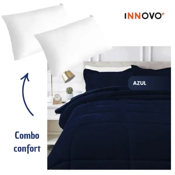 Combo Cubrelecho Térmico Ovejero Doble Funda Azul Oscuro + 2 Almohadas Confort Siliconada img #1
