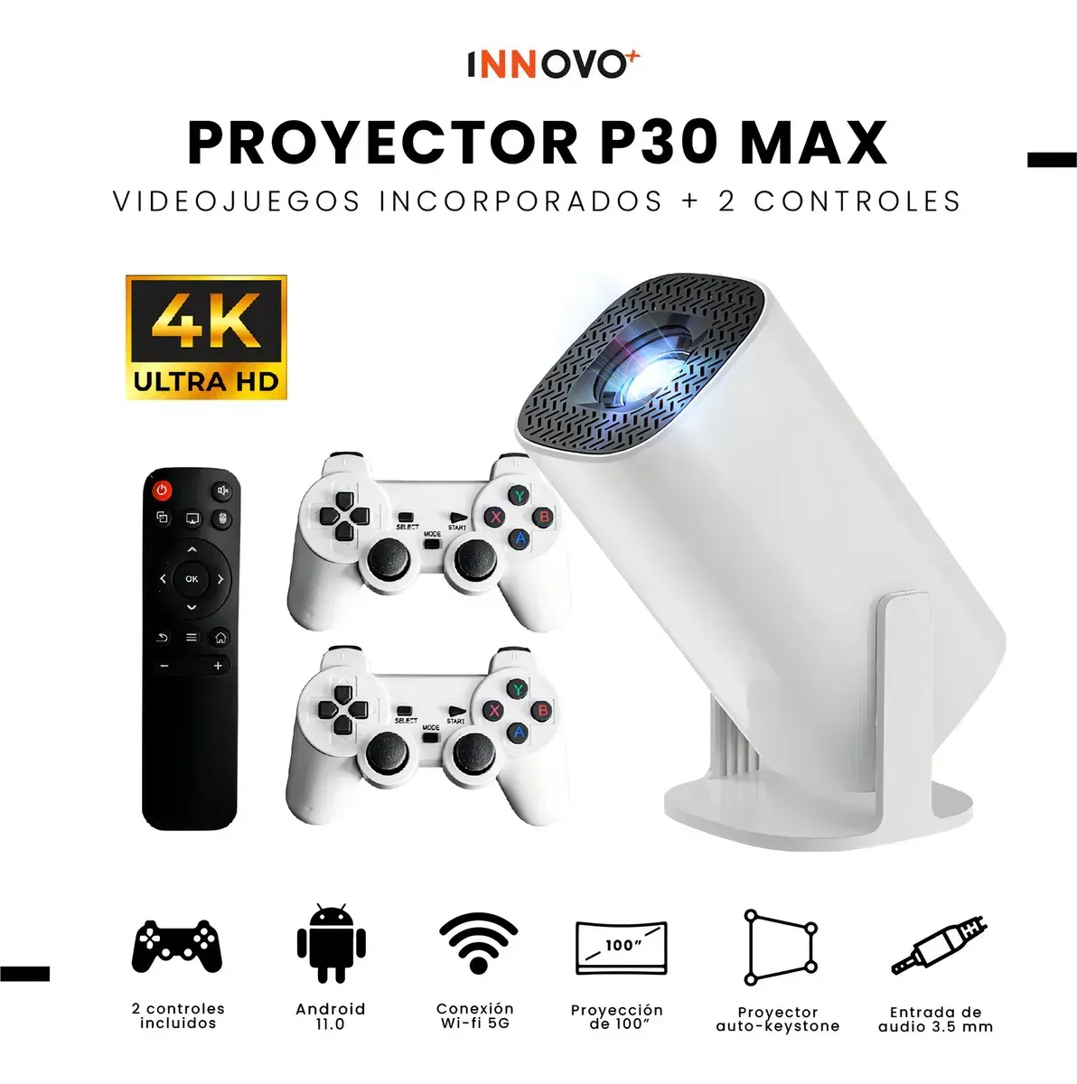 Proyector Smart P30 Max Pro 4k Android 11 Wifi 5g + 2 Controles Proyección 200 Pulgadas Innovo img #5