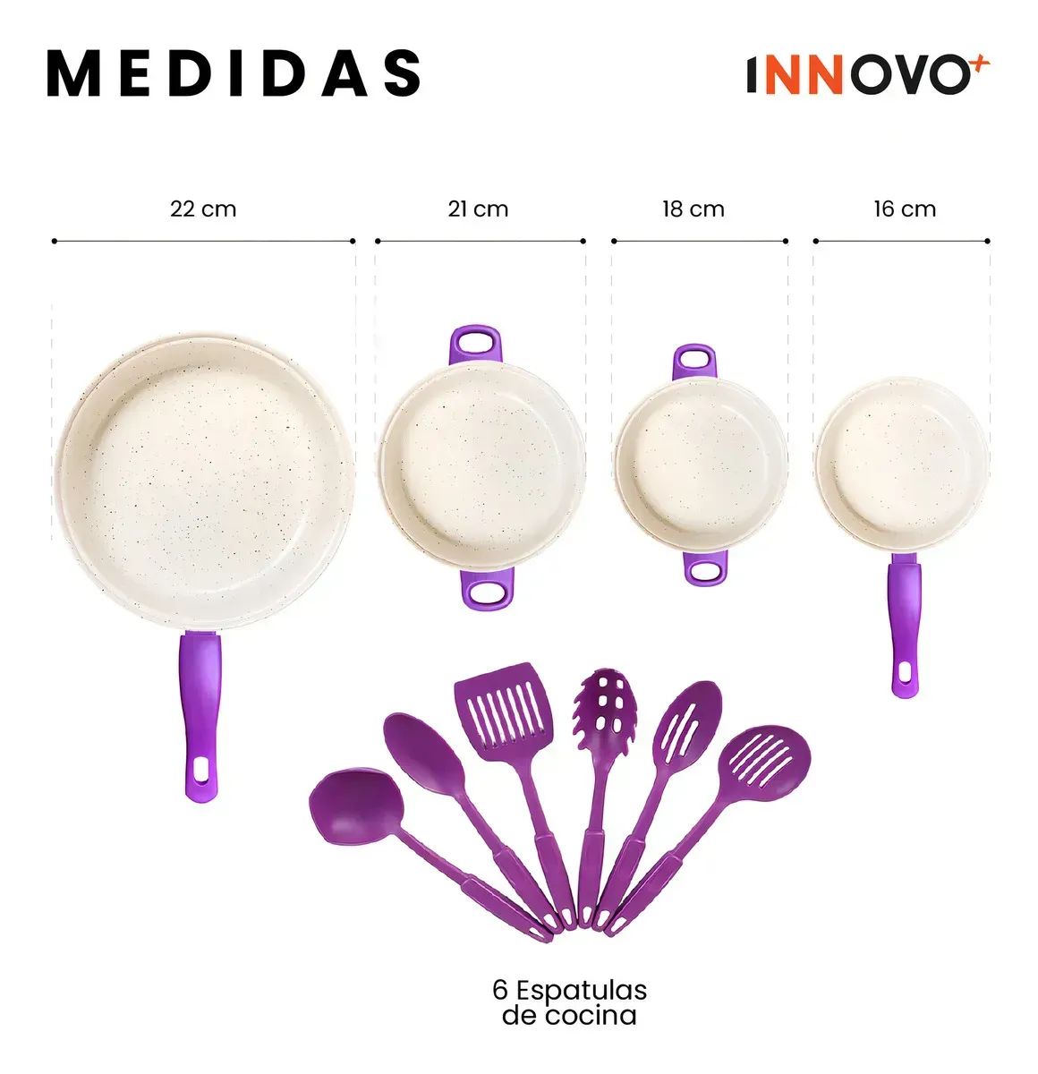Juego De Ollas Con Tapa Vidrio Esmaltada Con Utensilios 13 Piezas Morado img #5