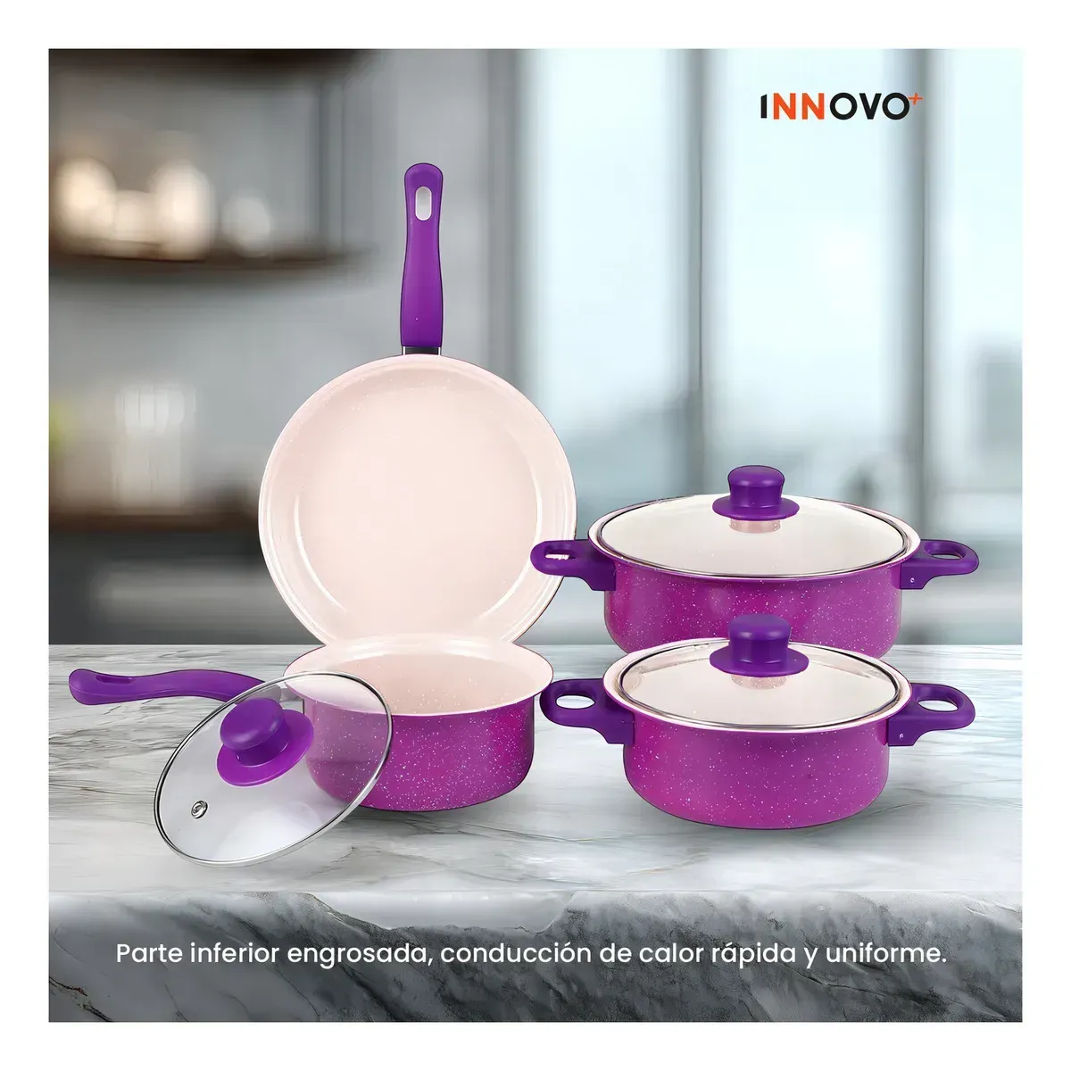 Juego De Ollas Con Tapa Vidrio Esmaltada Con Utensilios 13 Piezas Morado img #3