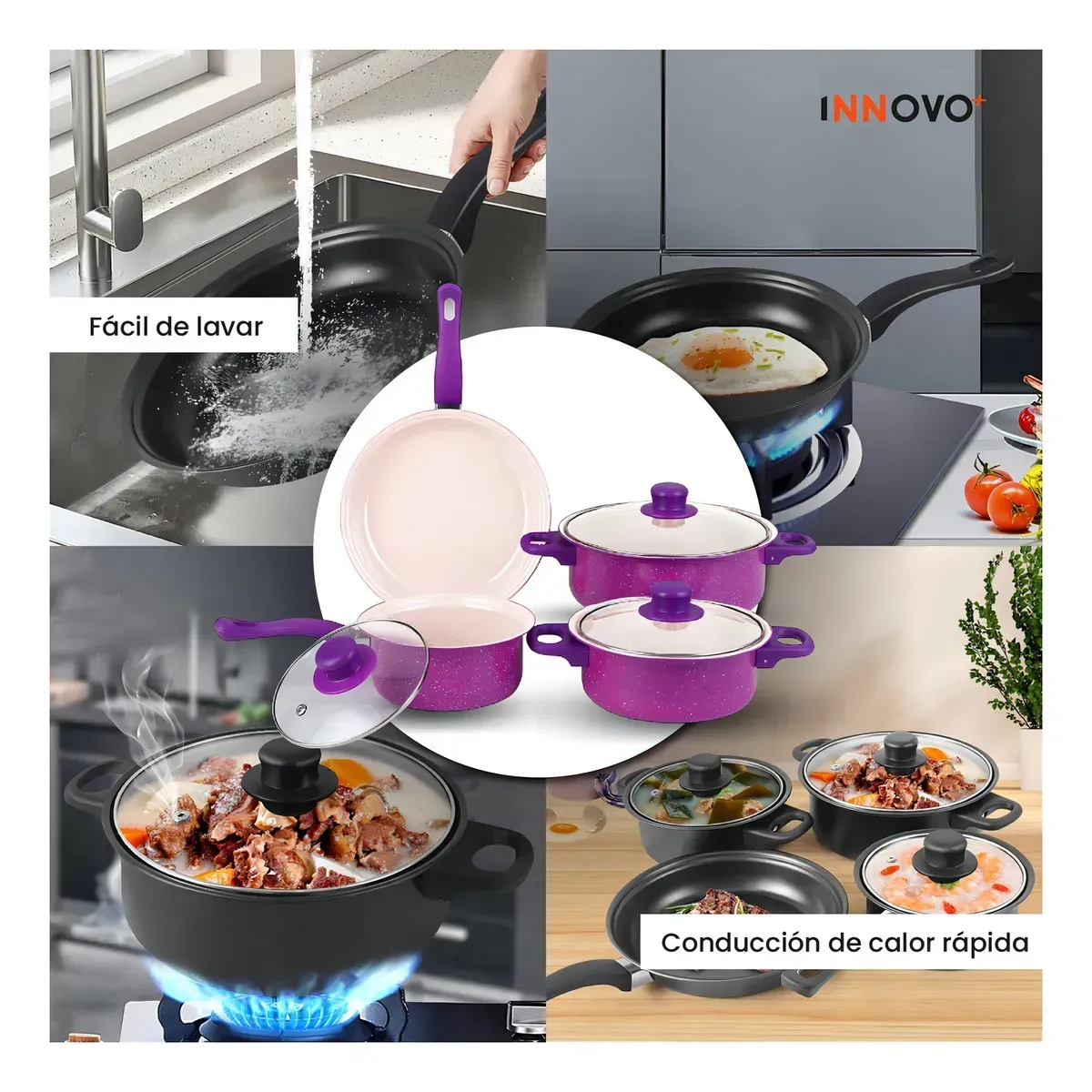 Juego De Ollas Con Tapa Vidrio Esmaltada Con Utensilios 13 Piezas Morado img #2