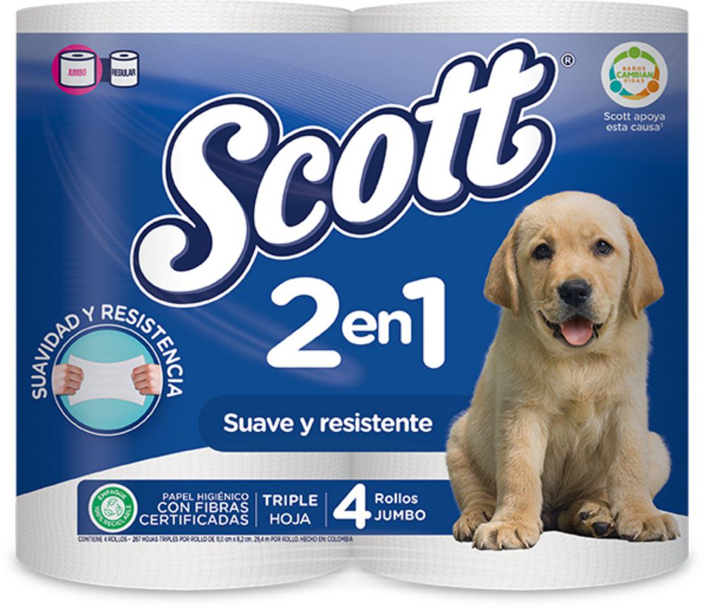 Papel higiénico SCOTT 4 rollos 3 hojas 2 en 1 jumbo (4  UNIDAD) img #2
