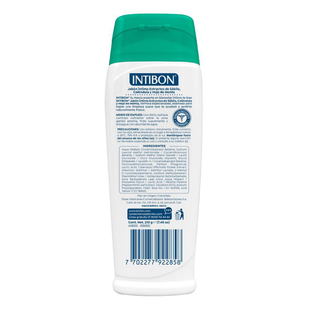 Jabón íntimo INTIBON sábila caléndula y hoja de menta (210  gr) img #2