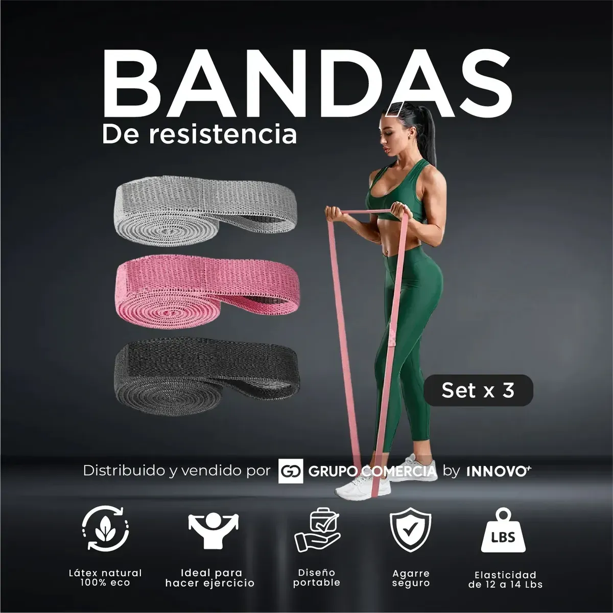 Set 3 Bandas De Resistencia Tela Premium 105cm Kit Fitness img #2