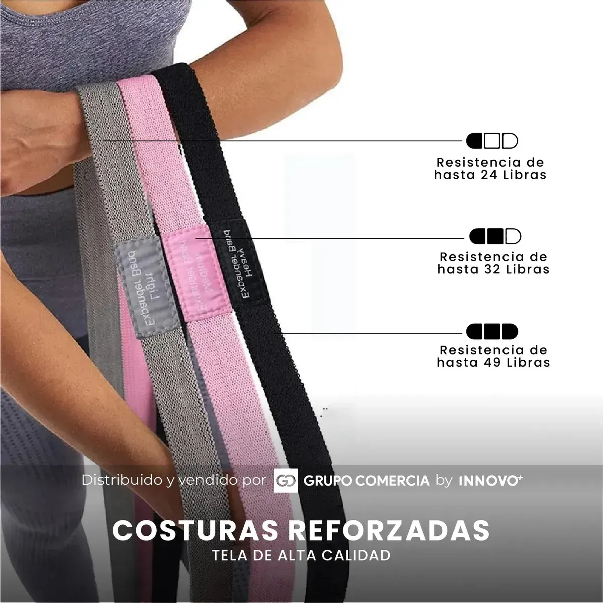 Set 3 Bandas De Resistencia Tela Premium 105cm Kit Fitness img #4