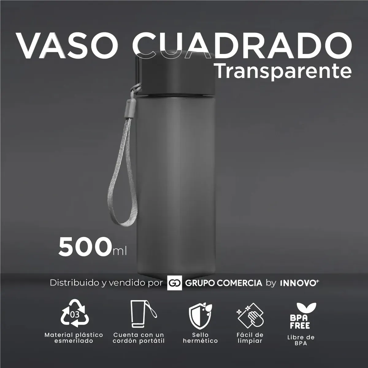Botella De Agua Cuadrada 500ml Minimalista Libre De Bpa Negro img #2