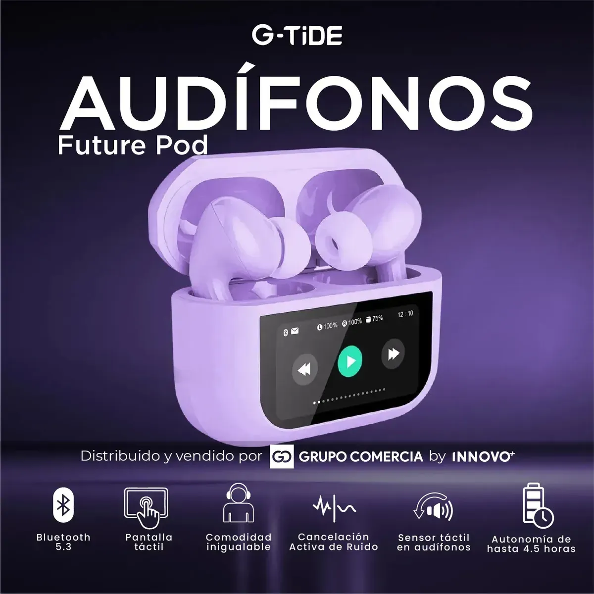 Audífonos In-ear G-tide Future Pod Pantalla Táctil Full Led Anc Lila img #2