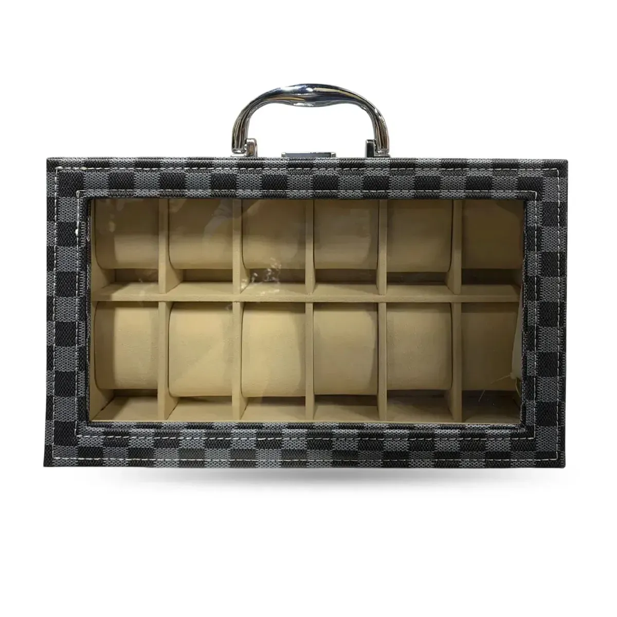 Organizador De Relojes Premium 12 Puestos Checker Estuche De Lujo Con Llave Y Cristal img #1