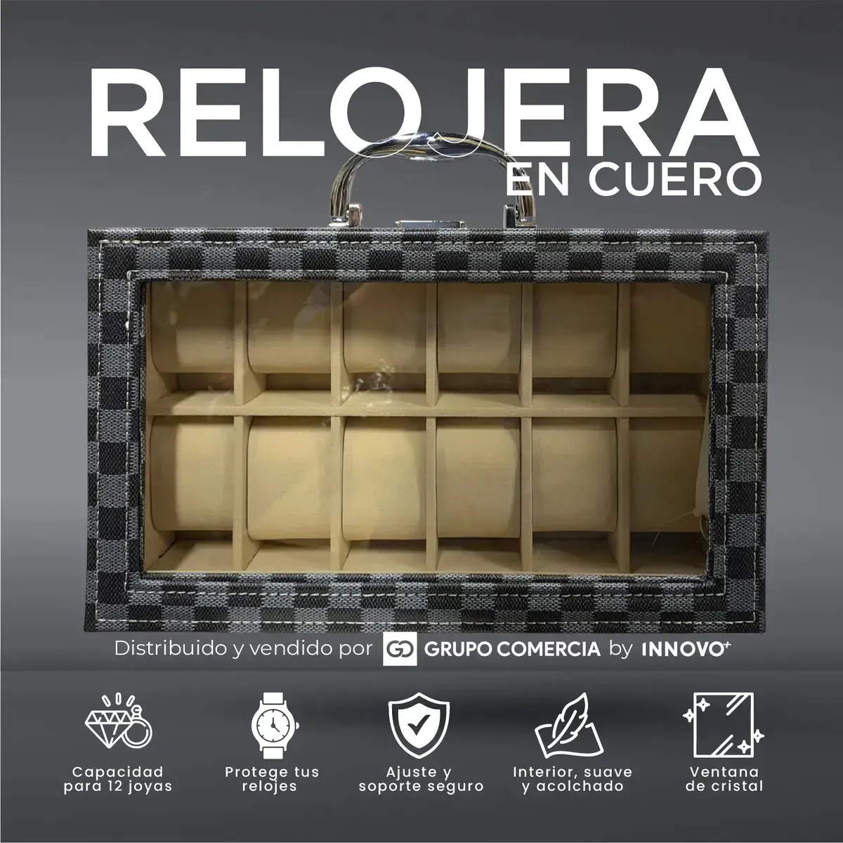 Organizador De Relojes Premium 12 Puestos Checker Estuche De Lujo Con Llave Y Cristal img #5