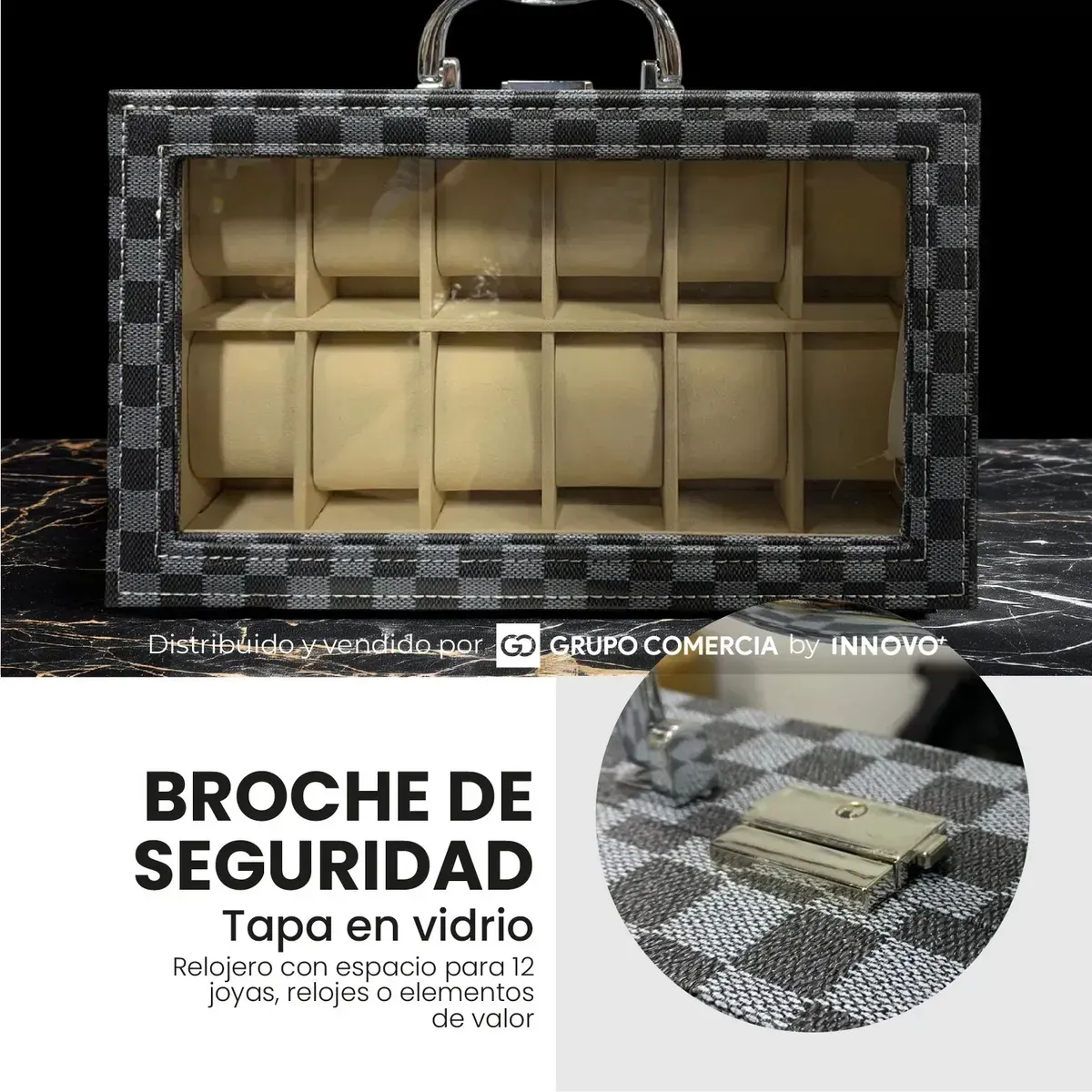 Organizador De Relojes Premium 12 Puestos Checker Estuche De Lujo Con Llave Y Cristal img #3