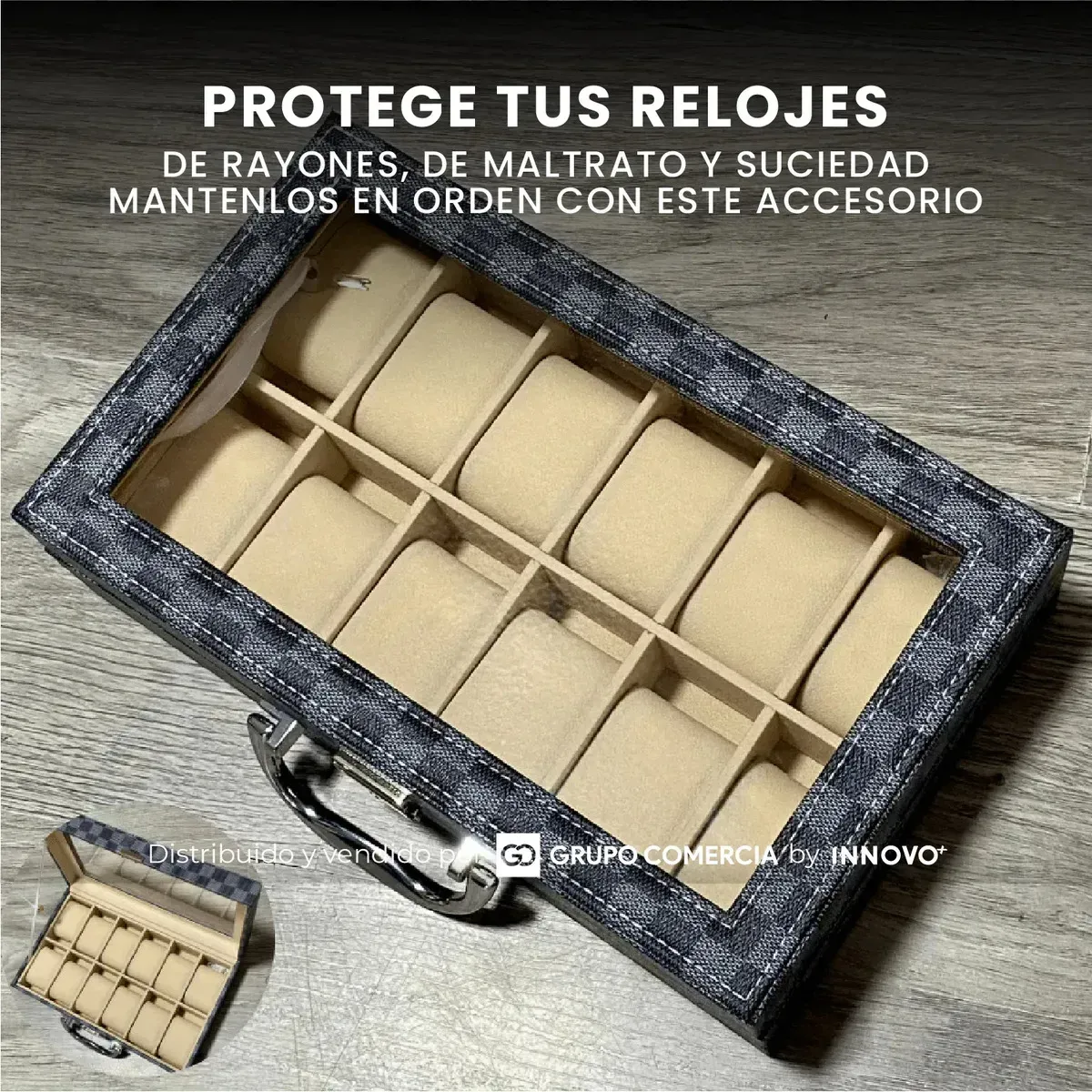 Organizador De Relojes Premium 12 Puestos Checker Estuche De Lujo Con Llave Y Cristal img #2