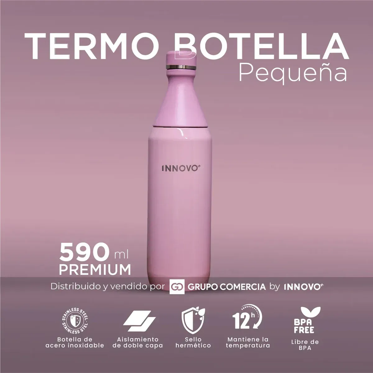 Termo Botella Acero Inoxidable Innovo 20 Oz Doble Capa Frío Rosa Lil img #2