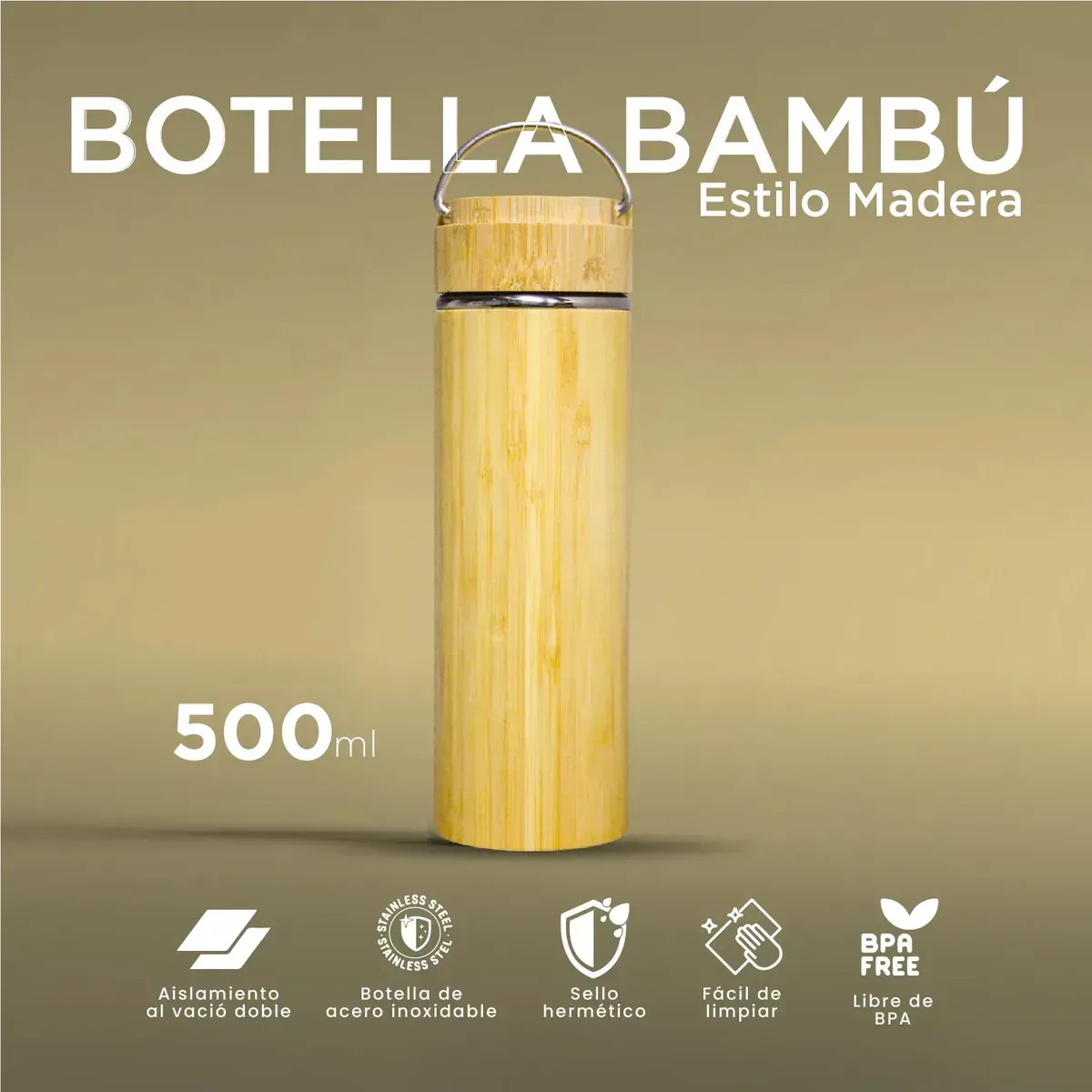 Termo De Bambú Natural 500ml Acero Inoxidable img #2