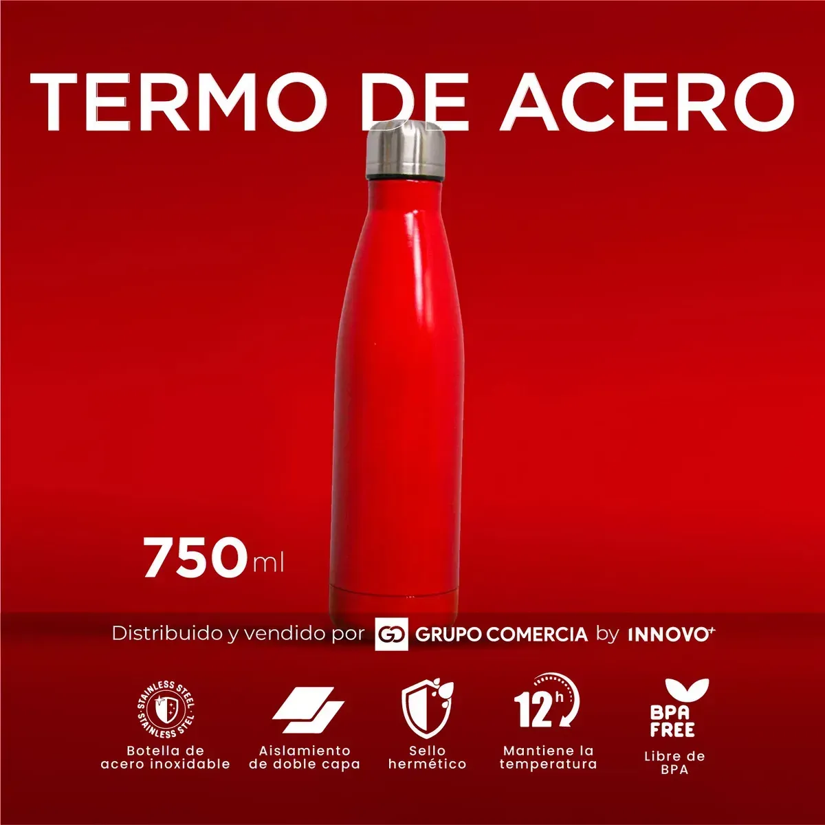Termo Metálico Acero 750ml Elegante - Mantiene Frío Y Calor Rojo img #2