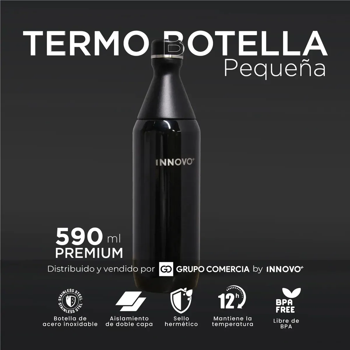 Termo Botella Acero Inoxidable Innovo 590ml Doble Capa Frío Black img #2