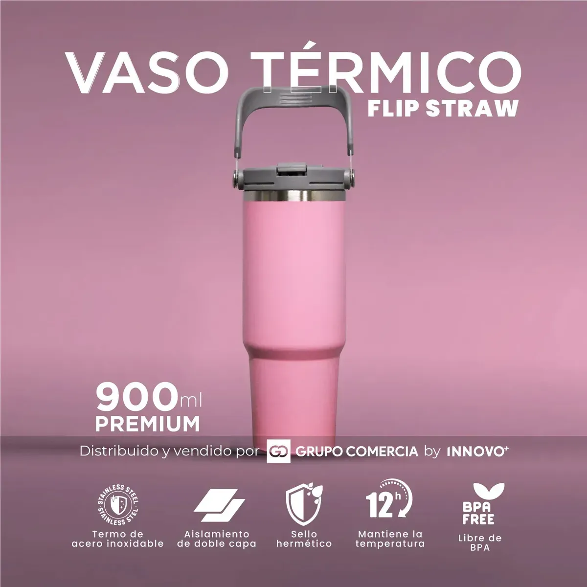 Termo 900 Ml Premium Acero Inoxidable Pink Rose Premium img #2