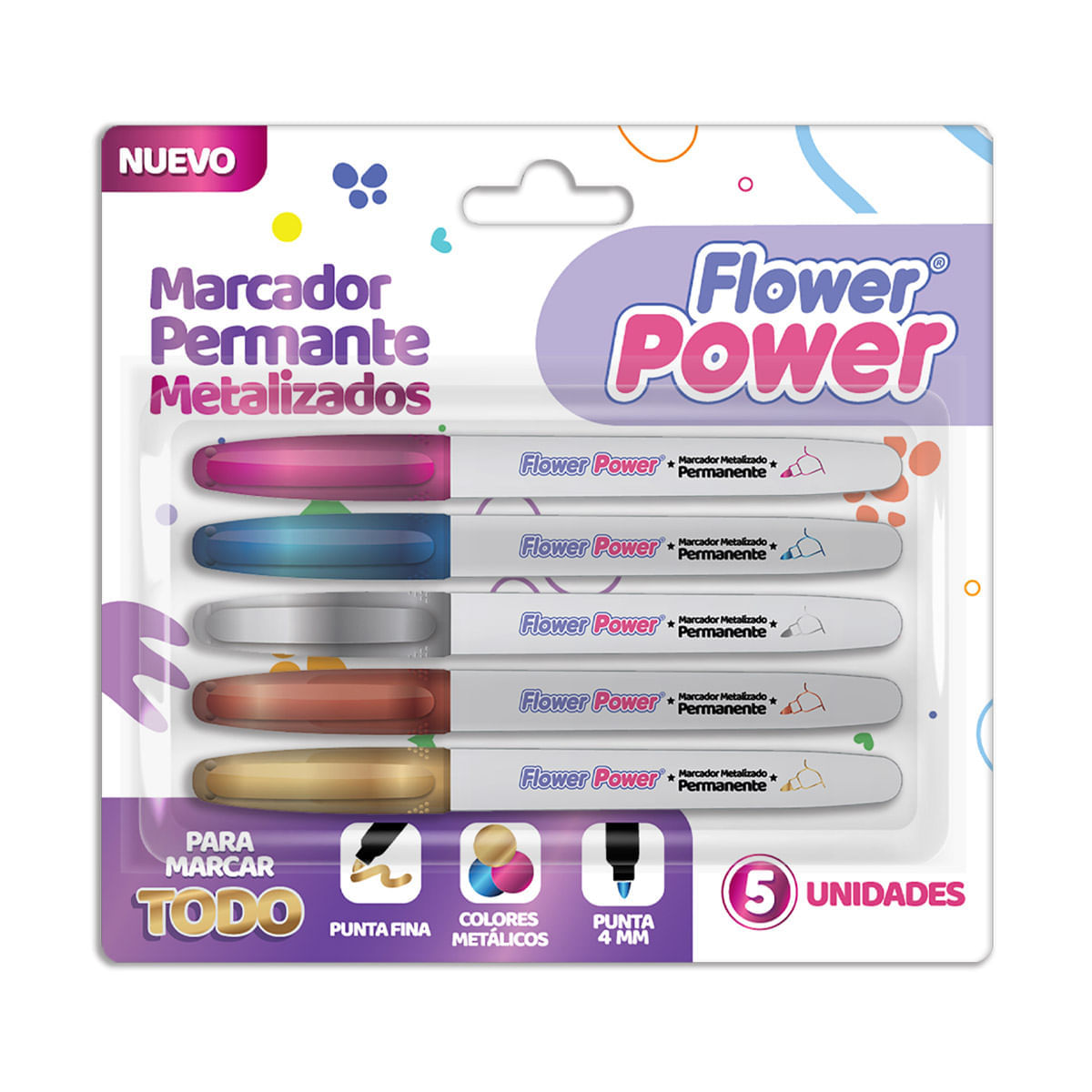 Marcadores Permanentes Flower Power Colores Metálicos x 5 img #1