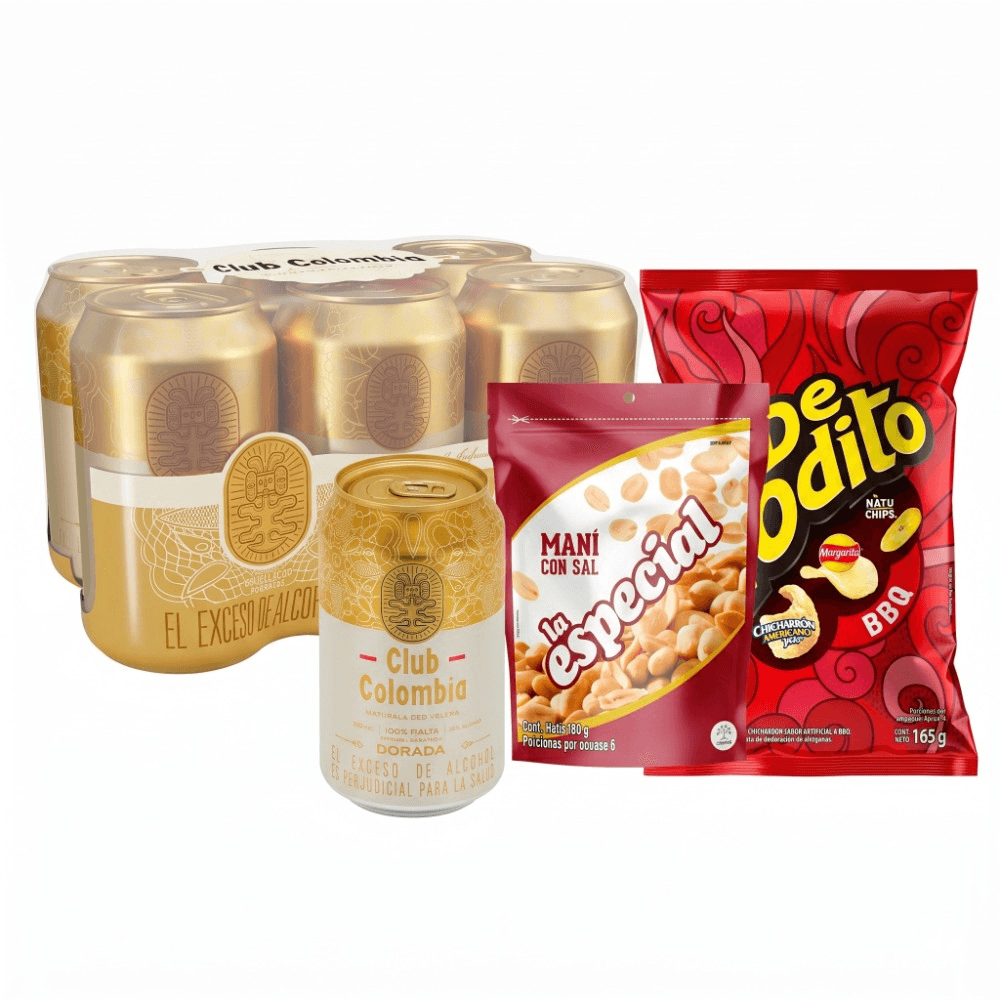 Combo Mundial 2 Cerveza CLUB COLOMBIA lata dorada (1980 + Pasabocas DETODITO de BBQ (165 gr) + Maní LA ESPECIAL con sal (180 gr) img #1