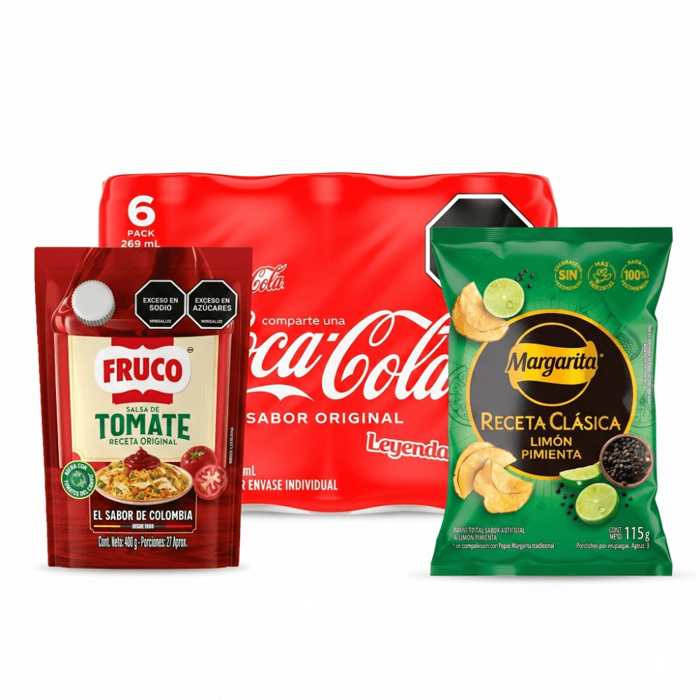 Combo mundialista 4  Gaseosa COCA COLA original (6 UNIDAD) +Papas MARGARITA receta clásica limón pimienta (115 gr) +Salsa de tomate FRUCO doy pack (4 img #1