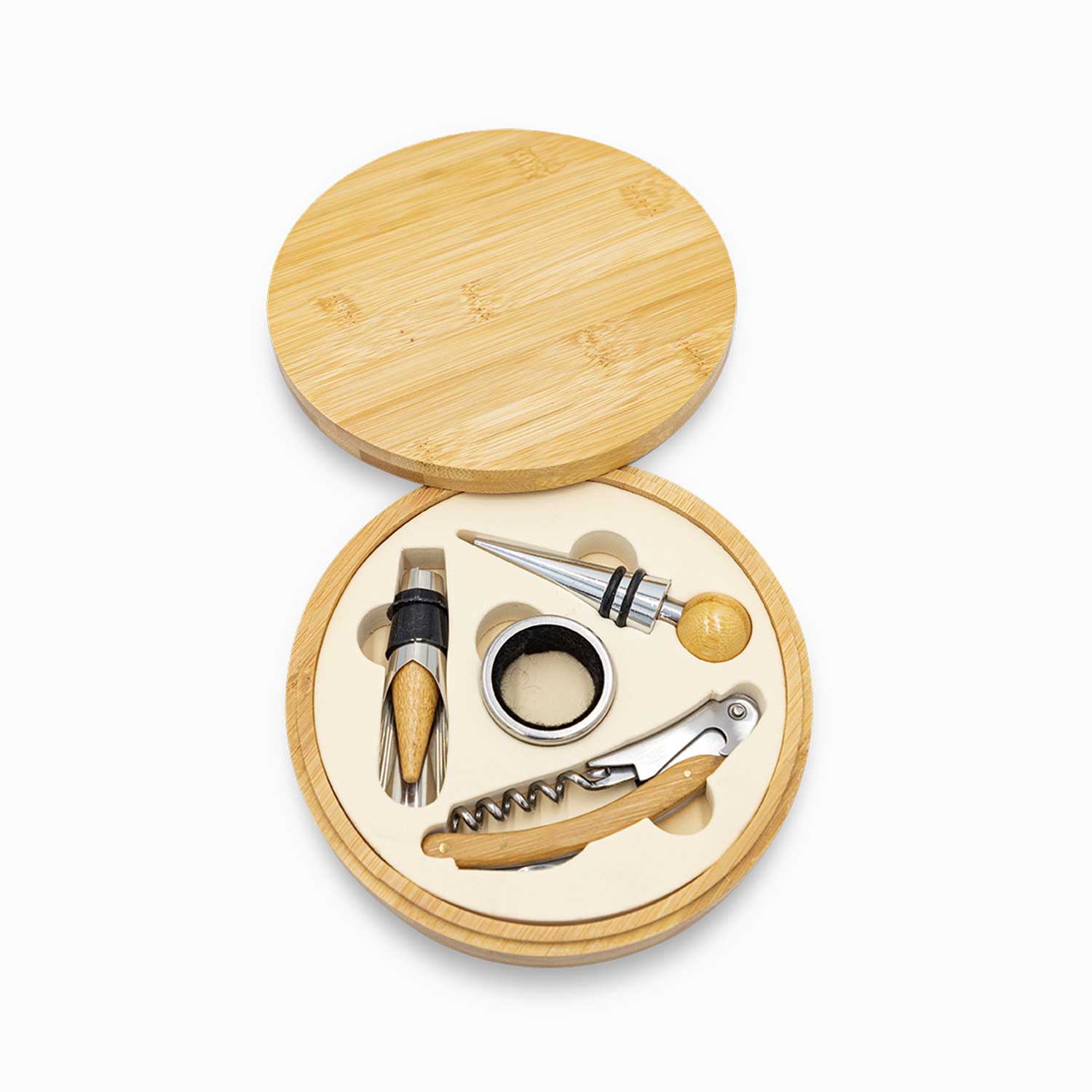 Kit vino caja bambú redonda set x4 img #3