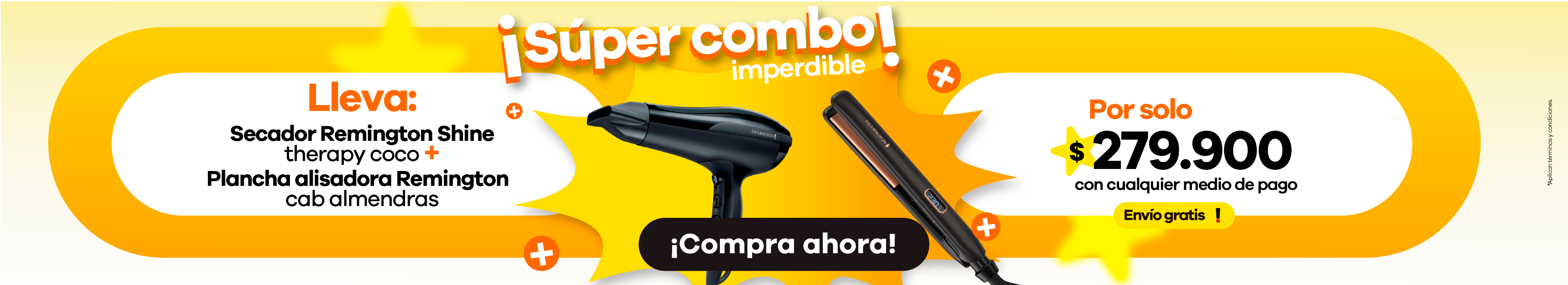 Lleva combo SECADOR CERAMICA COCO Y TITANIO + PLANCHA ALISADORA ALMENDRAS REMINGTON+D en $279.900