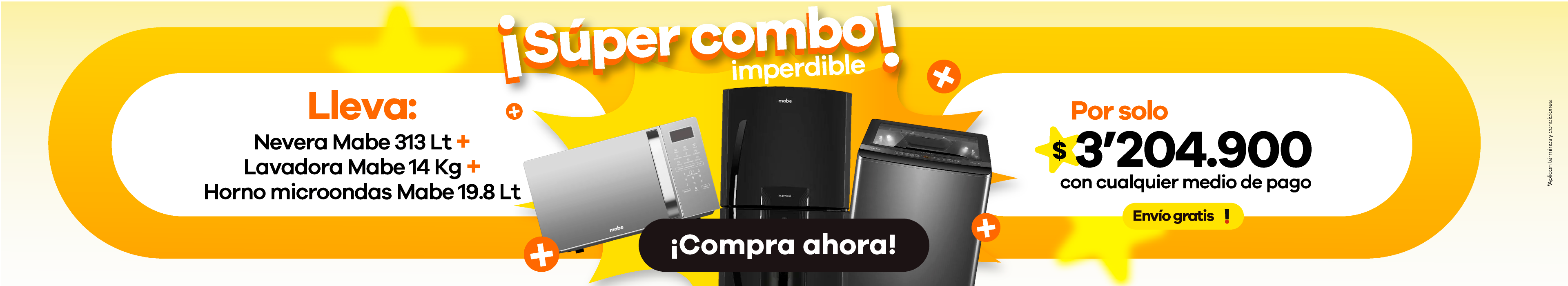 Lleva Combo Nevera No Frost 313 L Brutos G + Lavadora Automatica 14 KG Diamond Gray + Horno Microondas 0.7  de la marca Mabe por solo $3.204.046 CMP
